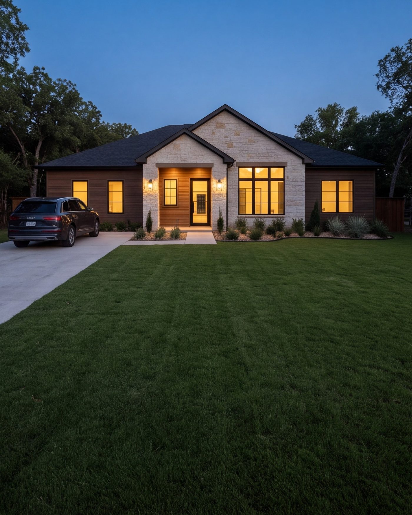 Remodeled single-story Dallas home at dusk with lit windows and a new front lawn