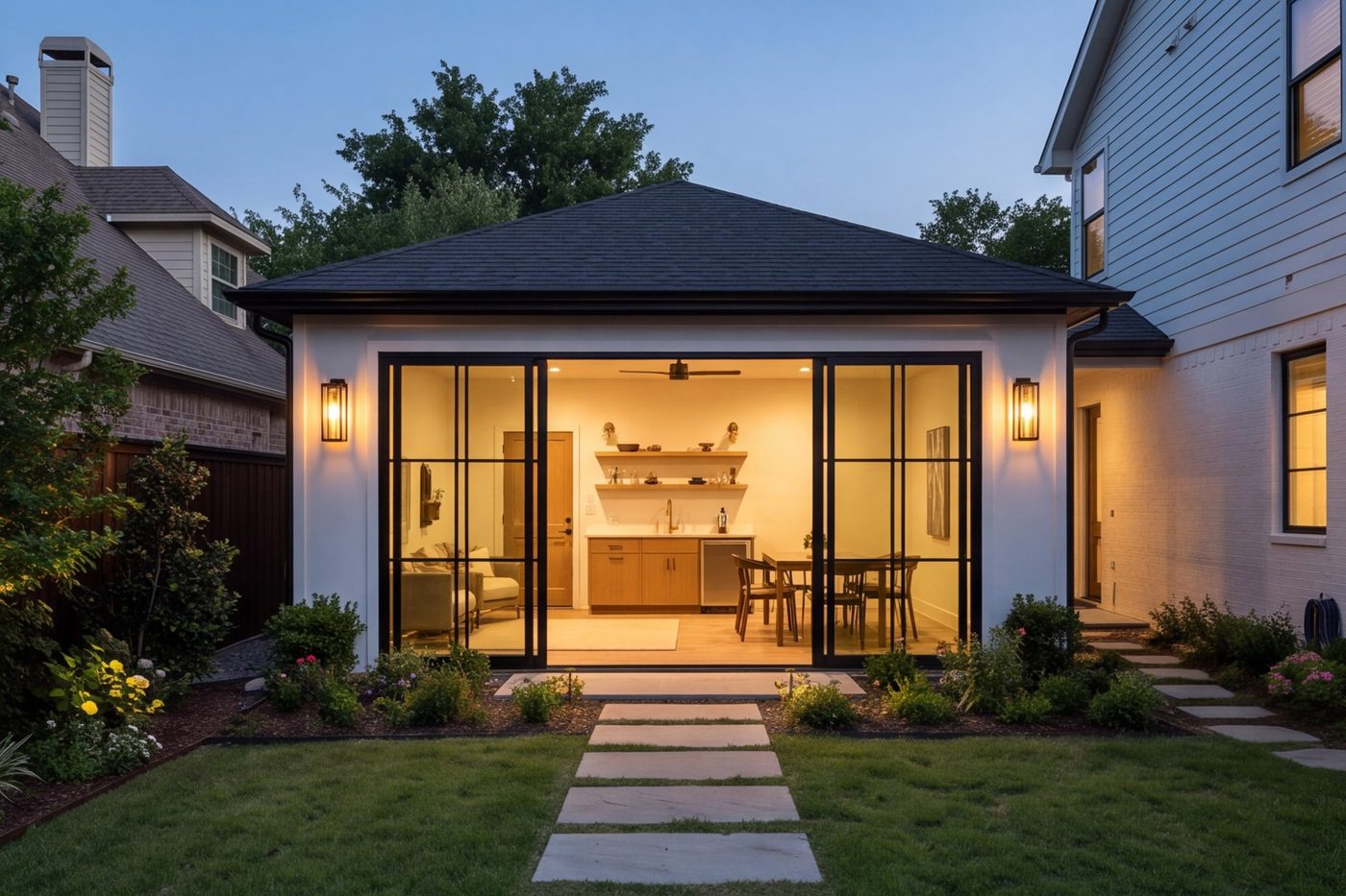 Converted garage studio with kitchenette and glass doors seen from the yard