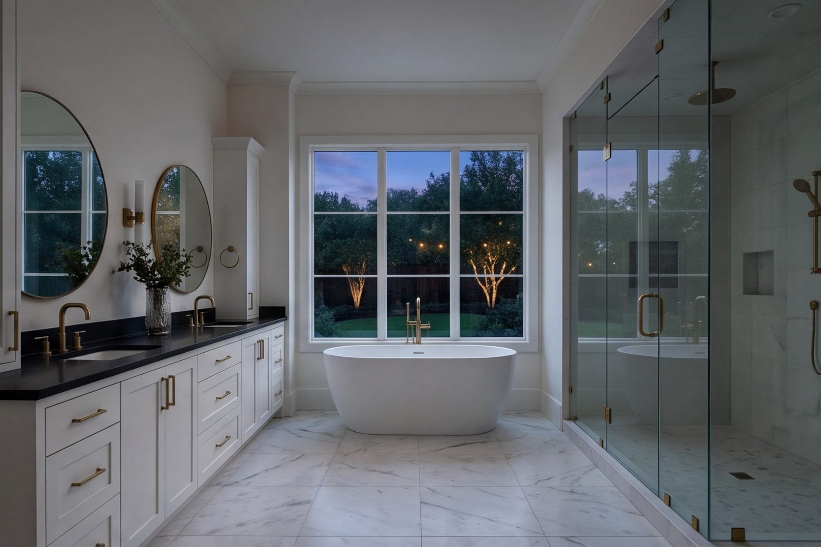 Primary bathroom remodel with double vanity, glass shower and tub by the window