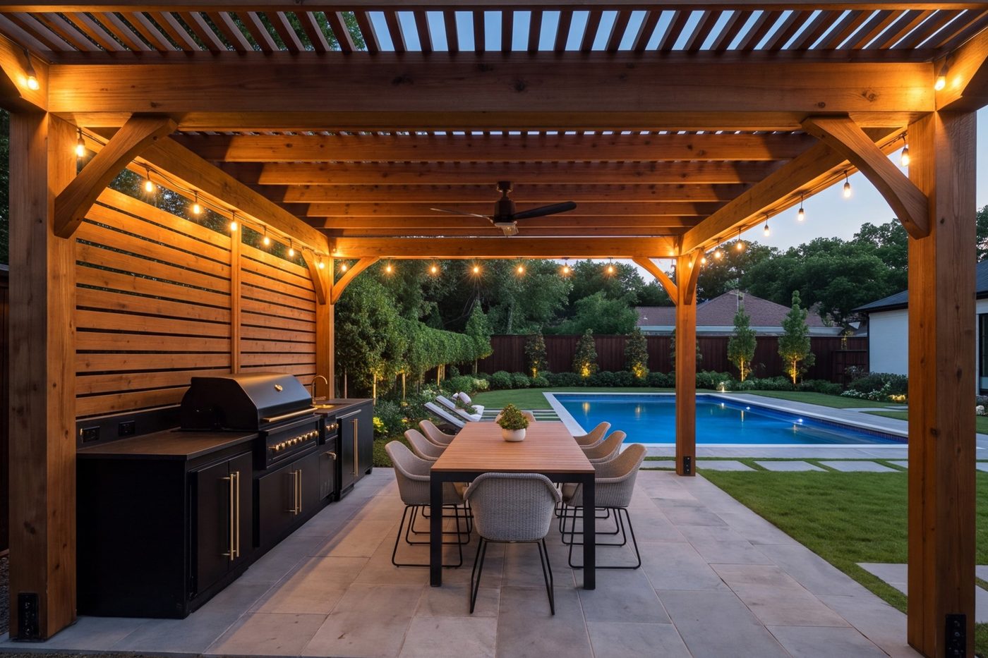 Covered outdoor kitchen and dining area under a pergola with a pool beyond