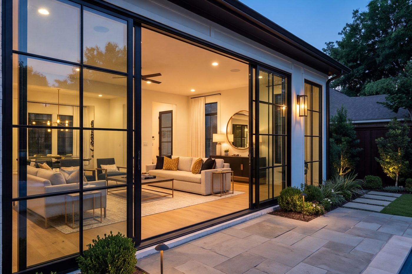 Living room wall of black-framed sliding doors open to a patio