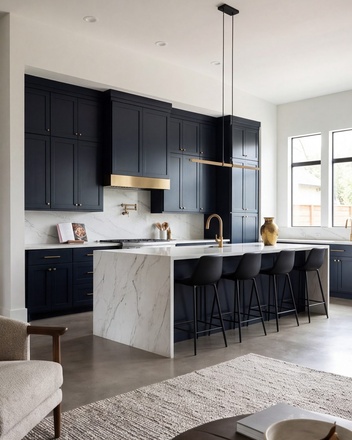 Open kitchen with a long island seen from the living room in morning light